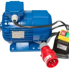 Niebieski silnik elektryczny z wyłącznikiem i wtyczką, idealny jako jaki silnik do betoniarki 250l.
