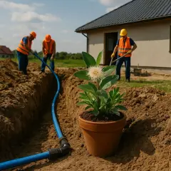 Budowa przyłącza wody. Robotnicy w kamizelkach układają niebieską rurę w wykopie. W doniczce rośnie kwiat.