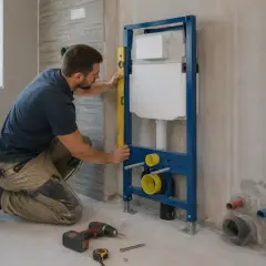 Instalator precyzyjnie montuje stelaż Geberit w ścianie, używając poziomicy.