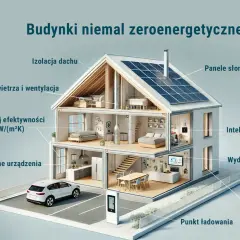 Projekt domu zeroenergetycznego: przekrój pokazuje izolację, panele słoneczne, energooszczędne okna i ogrzewanie.