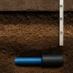 Widok przekroju gleby z widocznym przyłączem wod-kan. Obok miarka z podziałką od 70 do 90 cm.