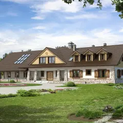 Projekt pensjonatu 10 pokoi. Dom z kamienną podmurówką, brązowym dachem i werandą. Otoczony zielonym ogrodem.