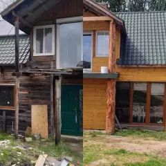 Przed i po remoncie starego drewnianego domu. Widać ogromną przemianę: od zniszczonej elewacji do odnowionego, przytulnego obiektu.