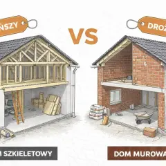 Porównanie domu szkieletowego (tańszego) i domu murowanego (droższego). Widok przekroju obu budynków w trakcie budowy.