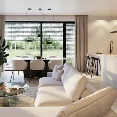 Nowoczesny salon z jadalnią i aneksem kuchennym. Wygodna sofa, szklany stolik i duży stół z krzesłami. W tle okno z widokiem na ogród. homekoncept 133.