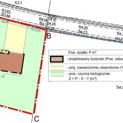 Plan sytuacyjny z zaznaczonym projektowanym budynkiem i legendą, stanowiący część wniosku o ustalenie warunków zabudowy.