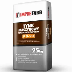 Worek tynku maszynowego cementowo-wapiennego PD-20 Imprefarb. Idealne proporcje do nakładania mechanicznego i ręcznego.