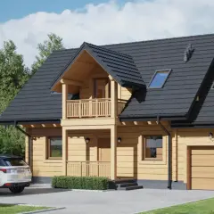 Drewniany dom z gankiem i balkonem, obok stoi biały SUV.