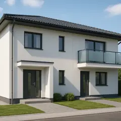 Nowoczesne projekty domów dwulokalowych z białym tynkiem, szarymi dachami i balkonem.