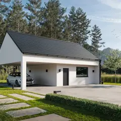 Nowoczesny projekt domu z lokalem usługowym, zadaszonym miejscem parkingowym i samochodem. Otoczenie lasu i gór.