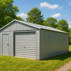 Nowy, metalowy dom i garaż wolnostojący, otoczony zielenią i ścieżką.