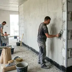 Pracownicy nakładają tynk na ścianę z bloczków. W tle widać mieszadło do zaprawy i worki z materiałem.