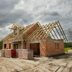 Budowa domu w toku: ściany z cegły, drewniany dach, materiały budowlane. Zastanawiasz się, ile realnie kosztuje budowa domu?