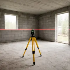 Laser krzyżowy na statywie wyznacza linie pomocnicze w surowym wnętrzu, kluczowe dla precyzyjnego projektu budynku usługowego.