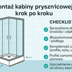 Ilustracja przedstawia montaż kabiny z brodzikiem. Na liście kontrolnej znajdują się punkty dotyczące stabilności, wypoziomowania i kompletności zestawu.