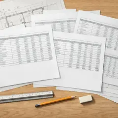 Koszty budowy domu: arkusze z rysunkami technicznymi i szczegółowy kosztorys budowy domu wzór. Ołówek i linijka sugerują planowanie.