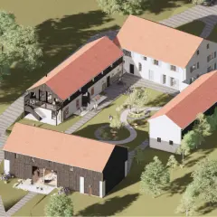 Wizualizacja projektu agroturystyki: kompleks budynków z czerwonymi dachami, dziedziniec z drzewami, ławkami i ścieżkami, otoczony zielenią.