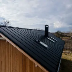 Nowoczesny dom z drewnianą elewacją i czarnym, metalowym dachem. Widać komin i okna dachowe. W tle wiejski krajobraz.