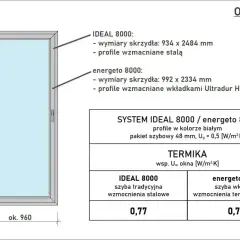 Białe okno z podanymi wymiarami: 960x2400 mm. Opis techniczny okien IDEAL 8000 i energeto 8000.