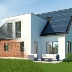 Nowoczesna dobudówka do starego domu z panelami słonecznymi i ceglaną ścianą. Projekty architektoniczne.