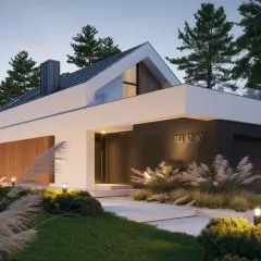 Nowoczesny projekt domu 50m2 z drewnianymi elementami i szklanymi balustradami, otoczony zielenią i oświetlony wieczorem.