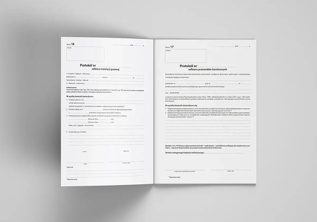 Dziennik budowy wpisy: protokół odbioru instalacji gazowej i przewodów kominowych. Dokumenty zawierają szczegółowe informacje o kontrolach technicznych.