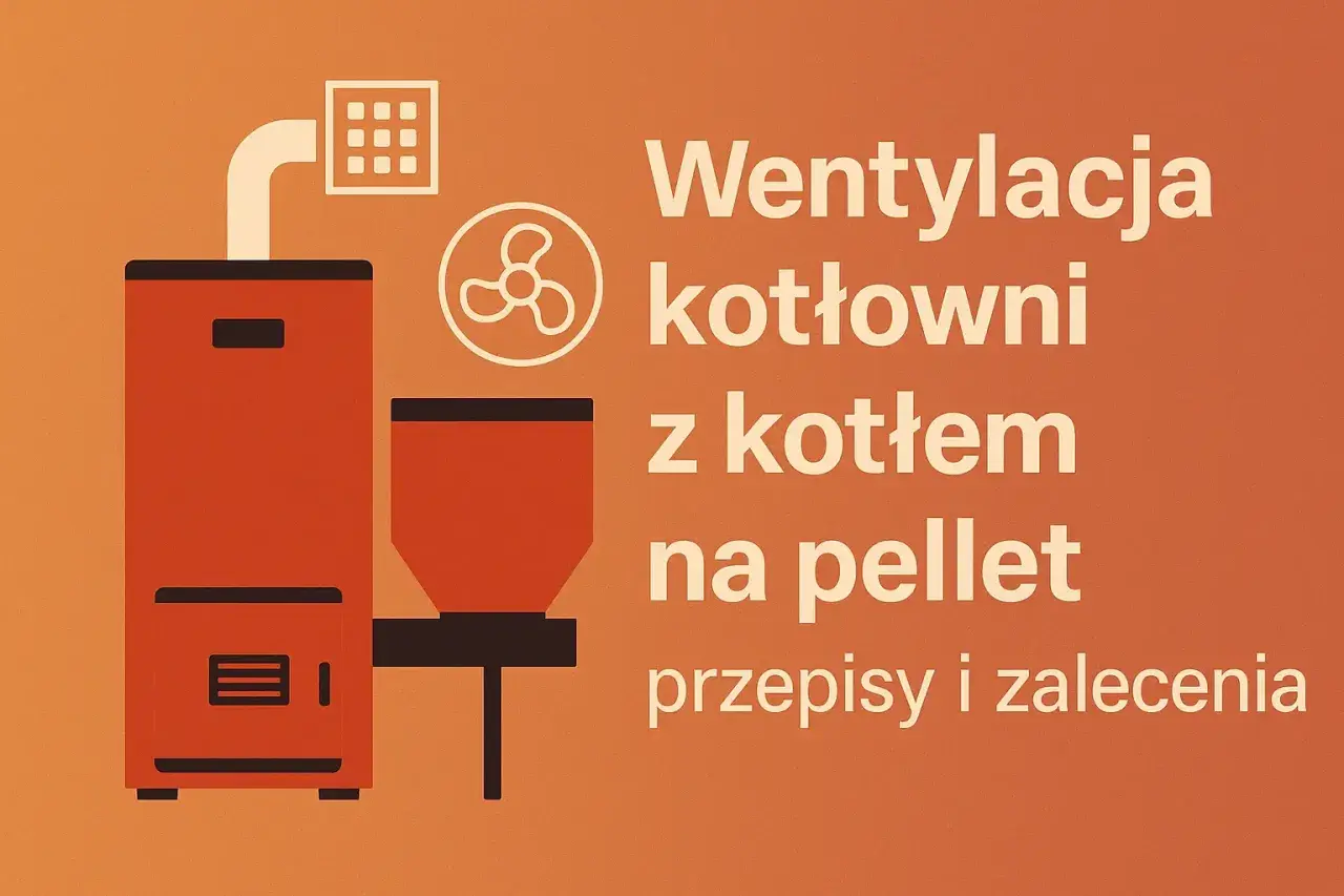 Grafika przedstawia kocioł na pellet i wentylator, symbolizujące wentylację kotłowni na pellet.