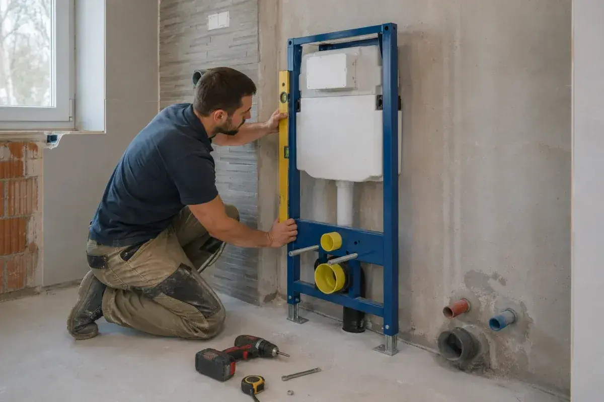 Instalator precyzyjnie montuje stelaż Geberit w ścianie, używając poziomicy.