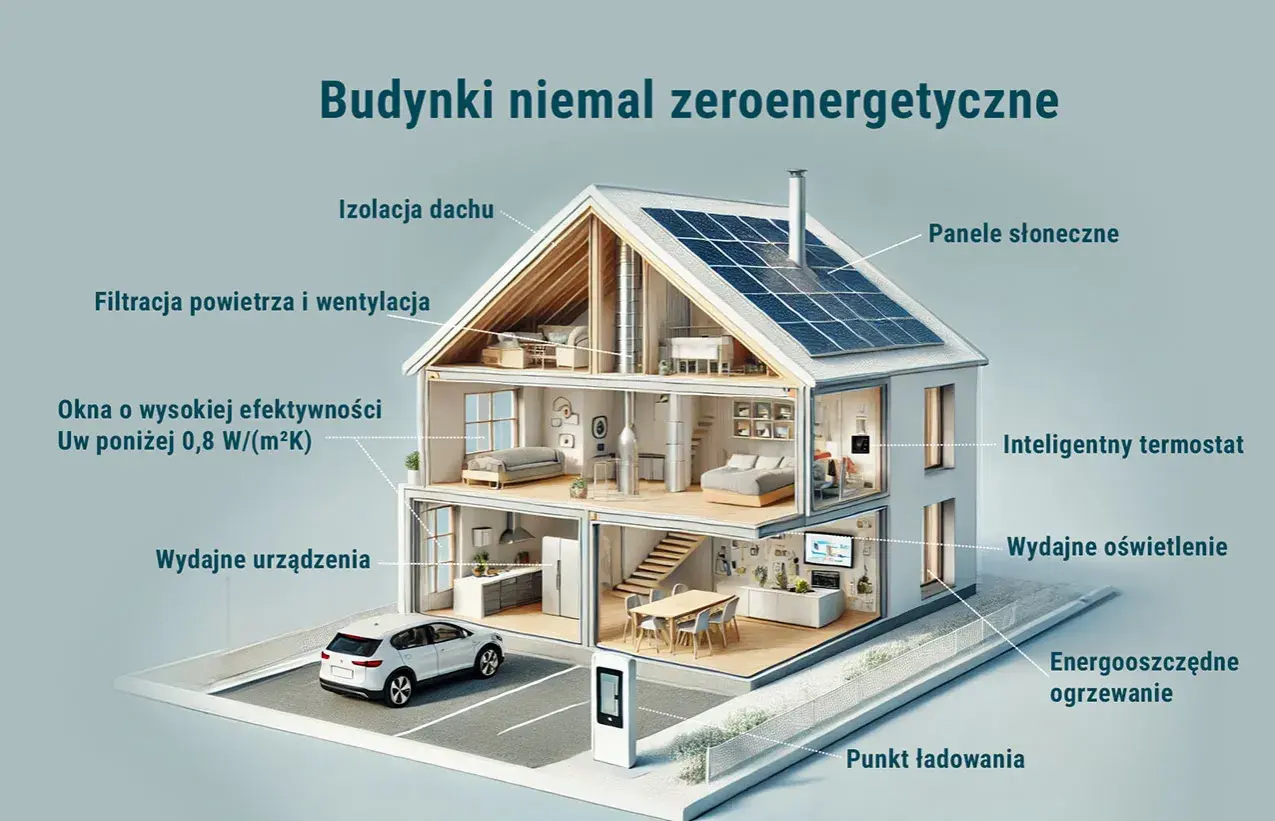 Projekt domu zeroenergetycznego: przekrój pokazuje izolację, panele słoneczne, energooszczędne okna i ogrzewanie.