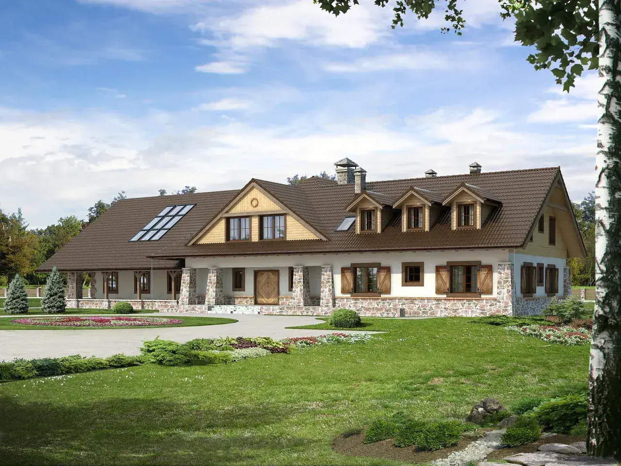 Projekt pensjonatu 10 pokoi. Dom z kamienną podmurówką, brązowym dachem i werandą. Otoczony zielonym ogrodem.