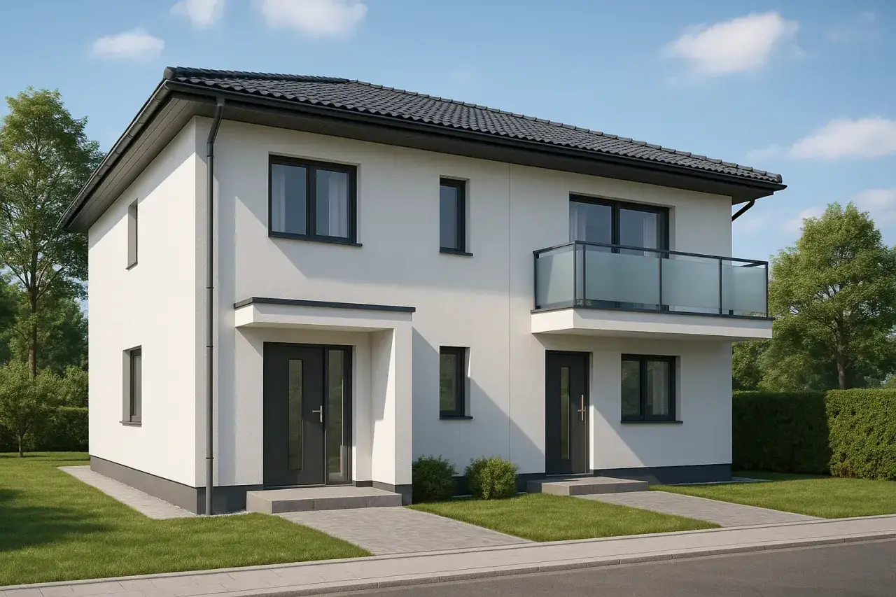 Nowoczesne projekty domów dwulokalowych z białym tynkiem, szarymi dachami i balkonem.