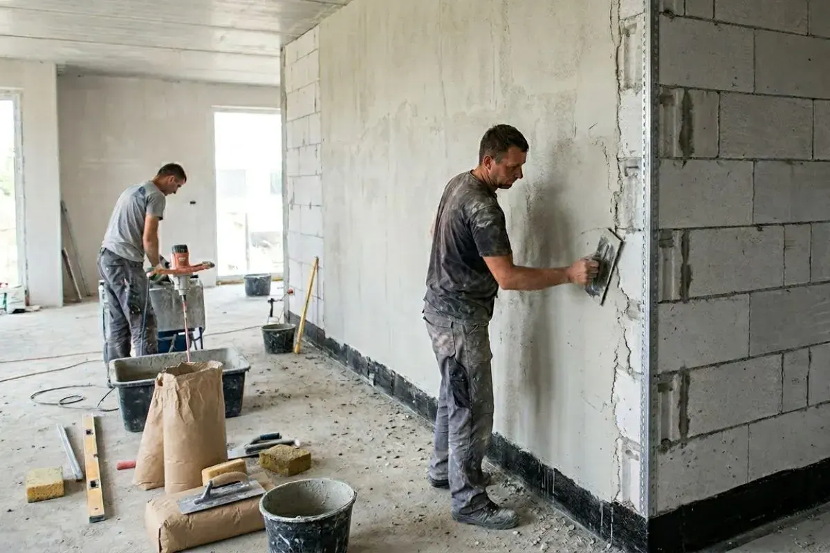 Pracownicy nakładają tynk na ścianę z bloczków. W tle widać mieszadło do zaprawy i worki z materiałem.