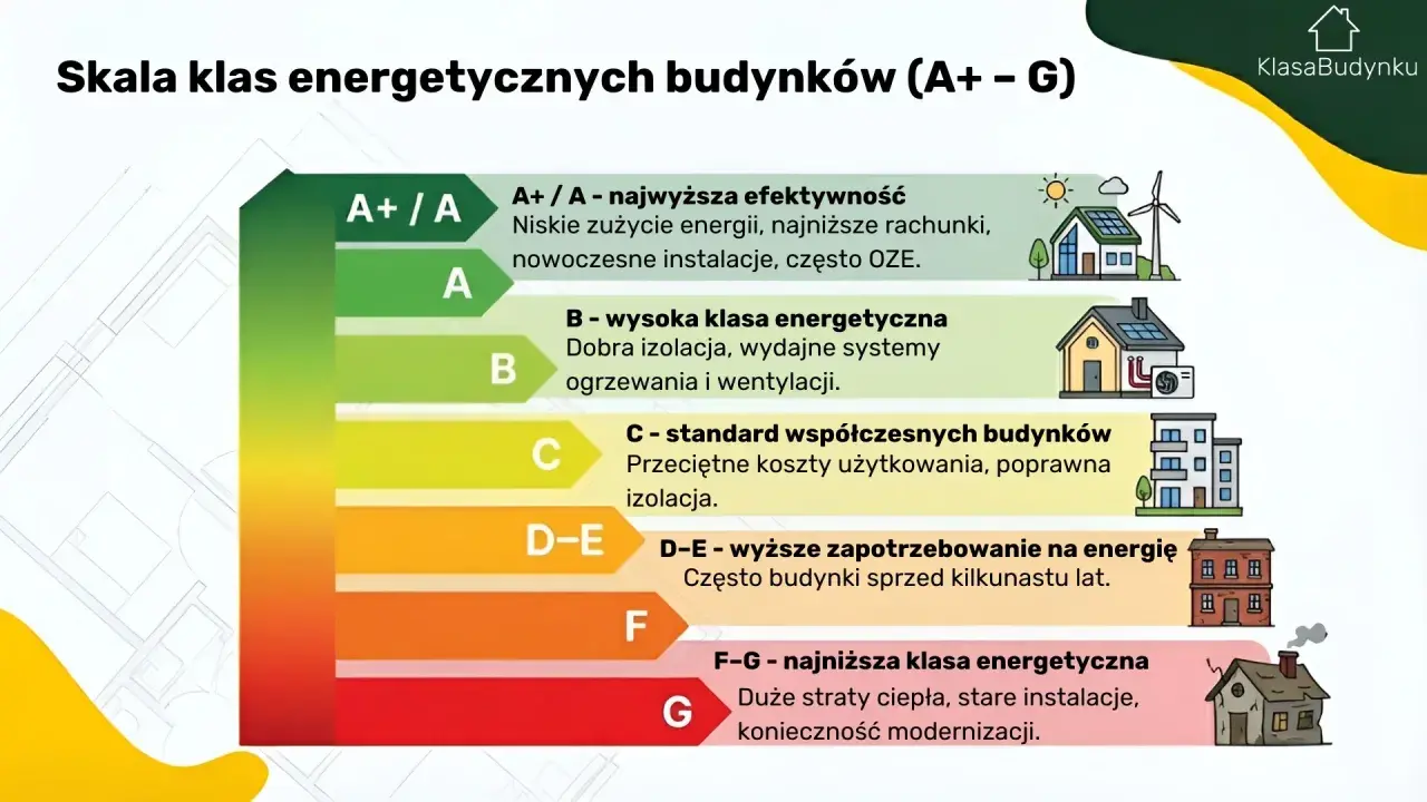 Skala klas energetycznych budynków od A+ do G. Najlepsze budynki mają A+, zużywają mało energii. Najgorsze, klasy F-G, mają duże straty ciepła.