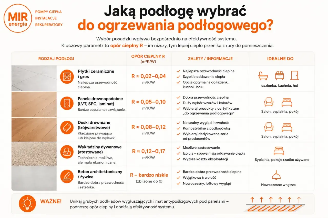 Wybierając podłogę do ogrzewania podłogowego, warto zwrócić uwagę na opór cieplny. Płytki ceramiczne i beton architektoniczny mają najniższy opór, co zapewnia najlepszą efektywność.