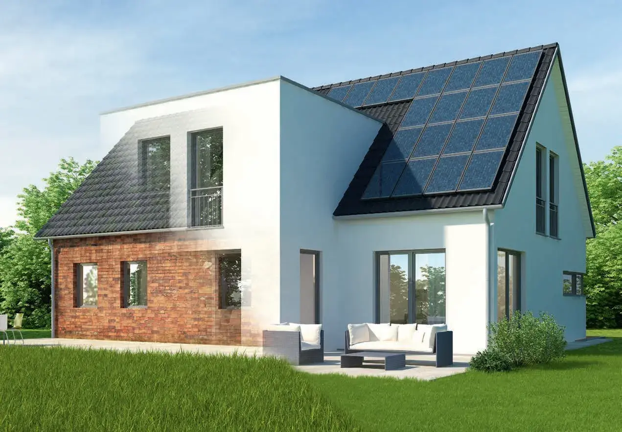 Nowoczesna dobudówka do starego domu z panelami słonecznymi i ceglaną ścianą. Projekty architektoniczne.