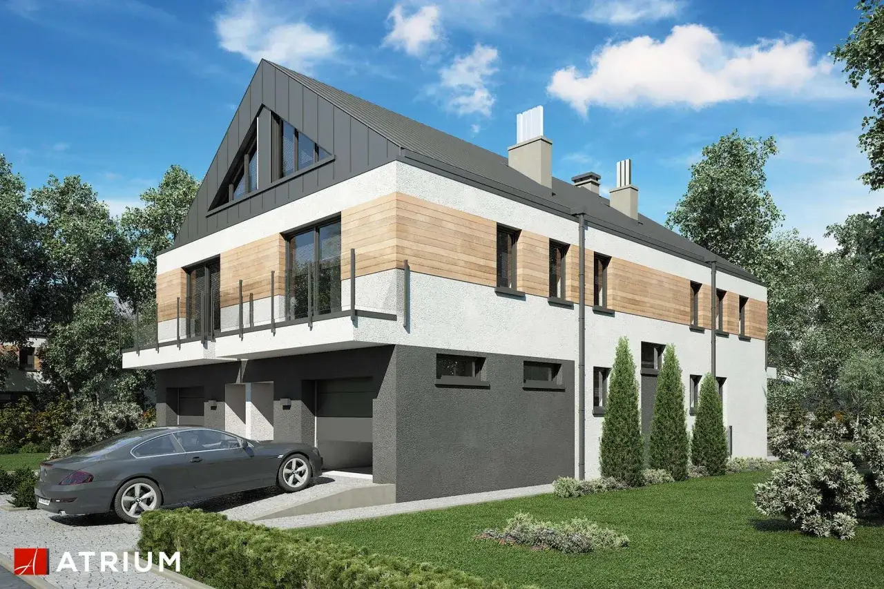 Nowoczesne projekty domów dwulokalowych z drewnianymi akcentami i garażem. Elegancka bryła, duże okna, taras.