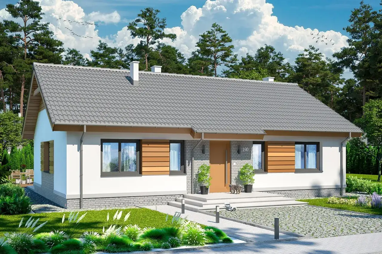 Nowoczesny, parterowy dom z drewnianymi elementami i zadbanym ogrodem. Idealne miejsce na spokojne życie, takie właśnie są domy tanie.