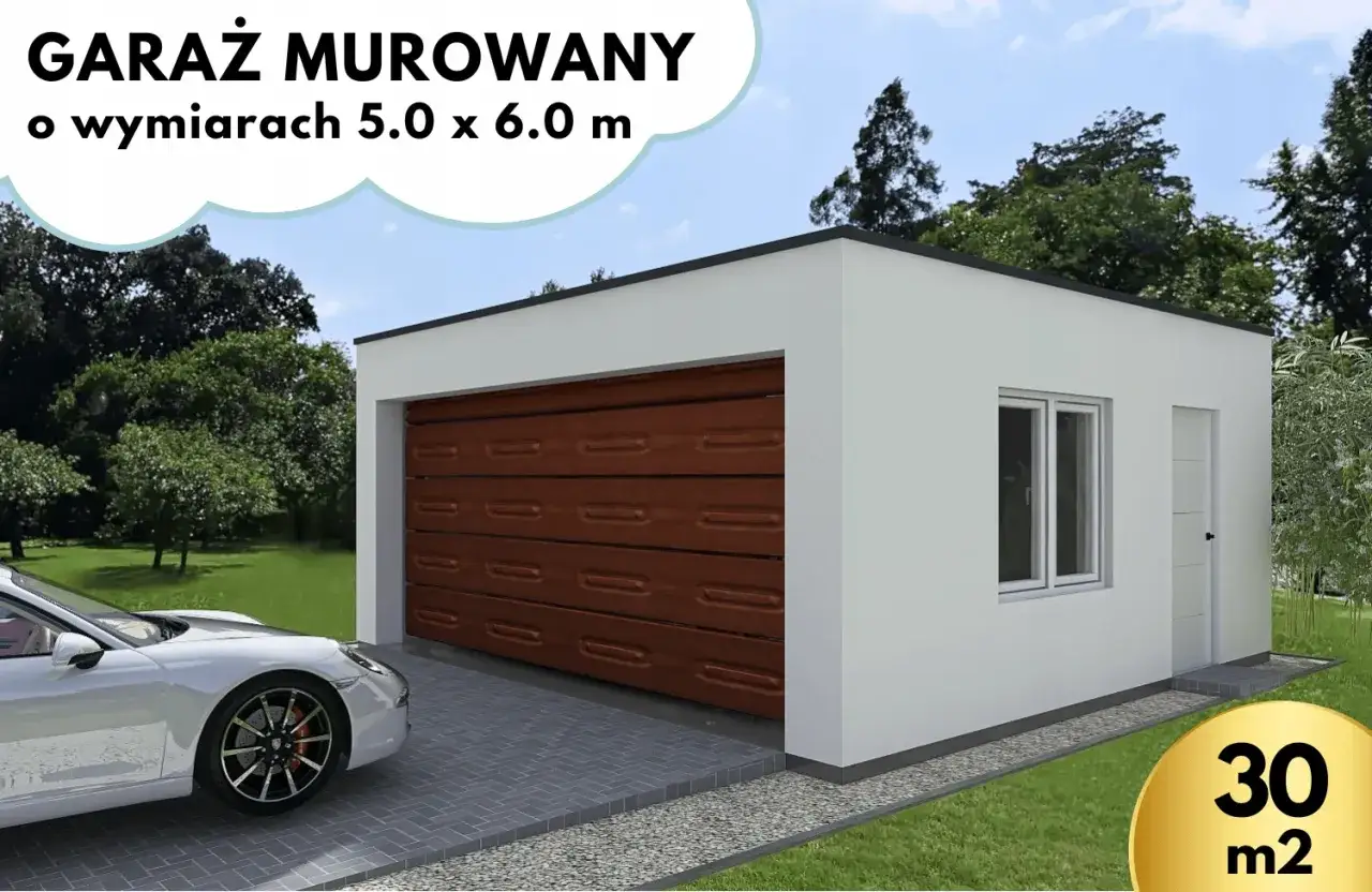 Nowoczesny garaż murowany 5x6m, z brązową bramą segmentową i białymi ścianami. Idealny dla Twojego auta.