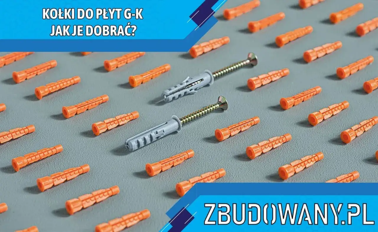 Kołki do płyt gipsowych wytrzymałość: pomarańczowe kołki i dwa szare z wkrętami na szarym tle.