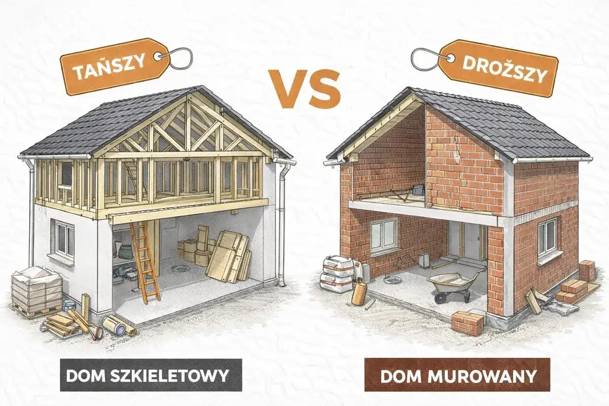 Porównanie: dom szkieletowy (tańszy) z widoczną konstrukcją drewnianą vs. dom murowany (droższy) z ceglanymi ścianami.