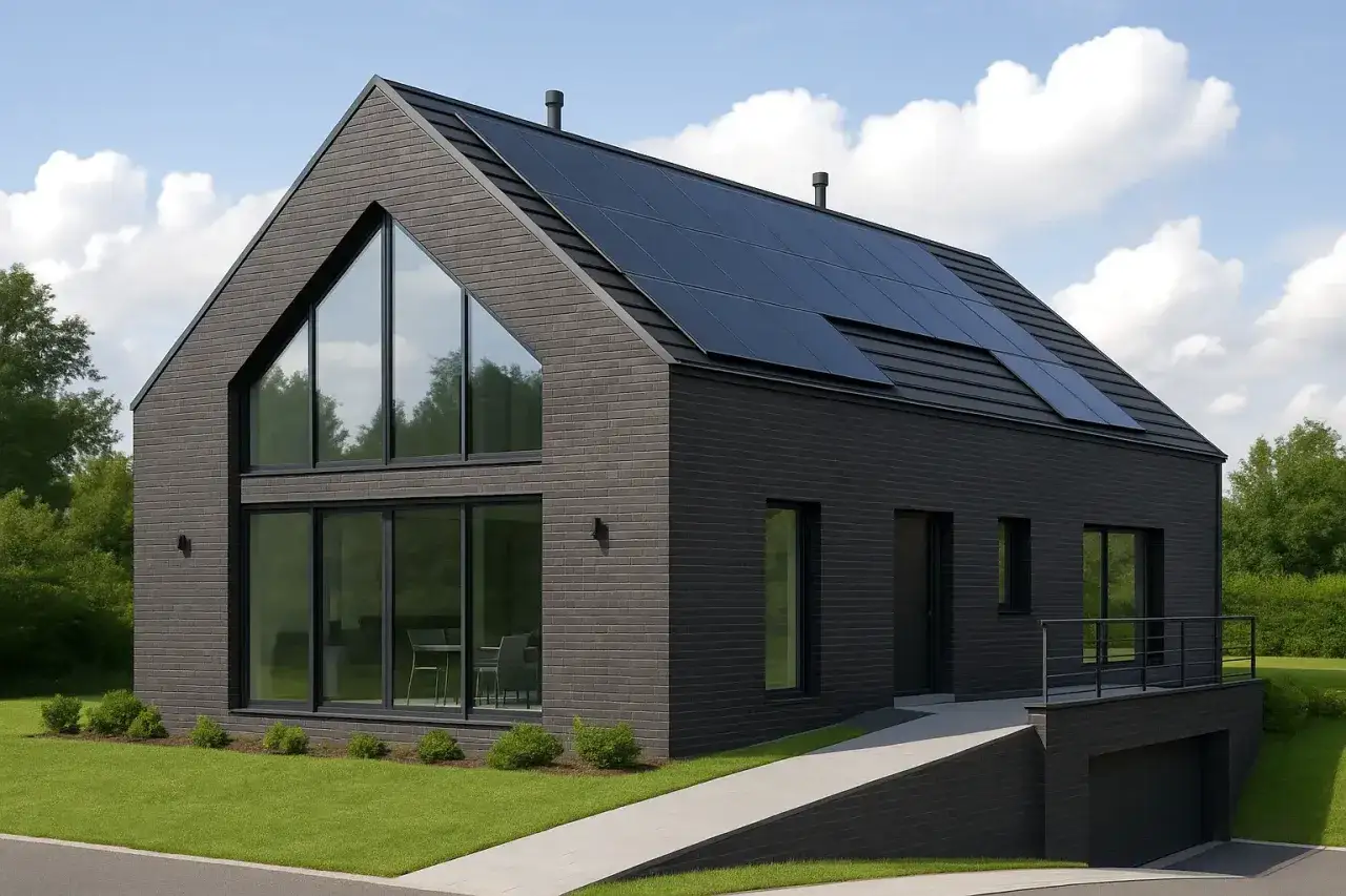 Nowoczesny, ciemny dom z panelami słonecznymi na dachu. Podjazd prowadzi do garażu, sugerując, że to dom z piwnicą.