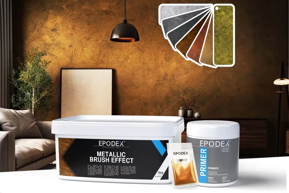 Farba strukturalna Epodex Metallic Brush Effect tworzy efektowne, metaliczne wykończenie ścian. Paleta próbek pokazuje różne odcienie.