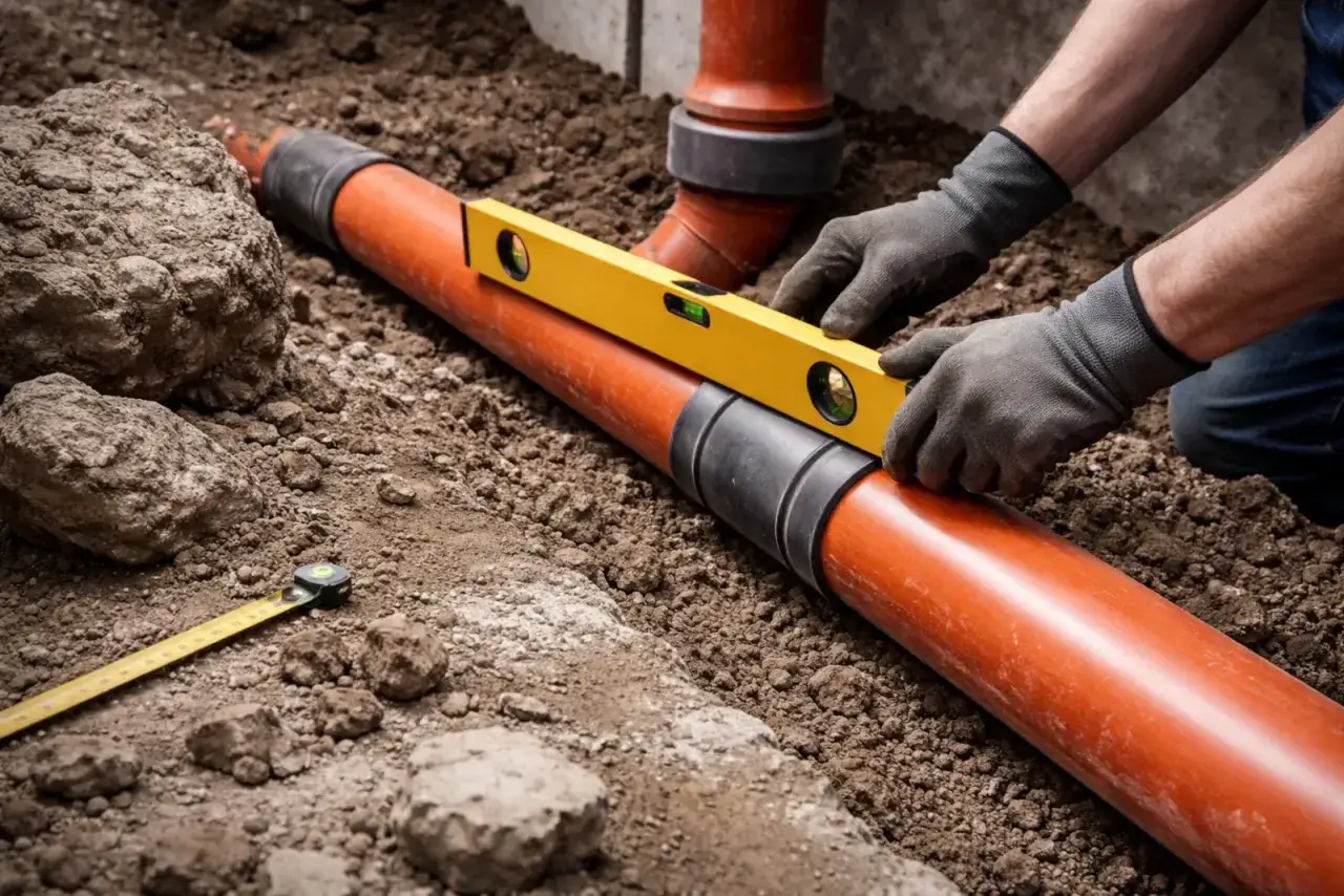 Ręce w rękawiczkach sprawdzają poziom na pomarańczowej rurze 160, zapewniając jej minimalny spadek.