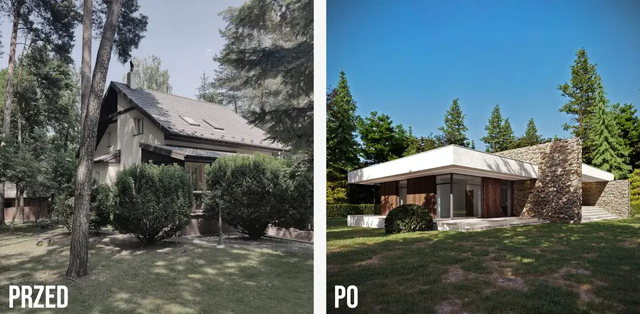 Przed i po: metamorfoza domu z tradycyjnego na nowoczesny. Rozbudowa domu nadała mu nowy, minimalistyczny charakter z kamiennymi akcentami.