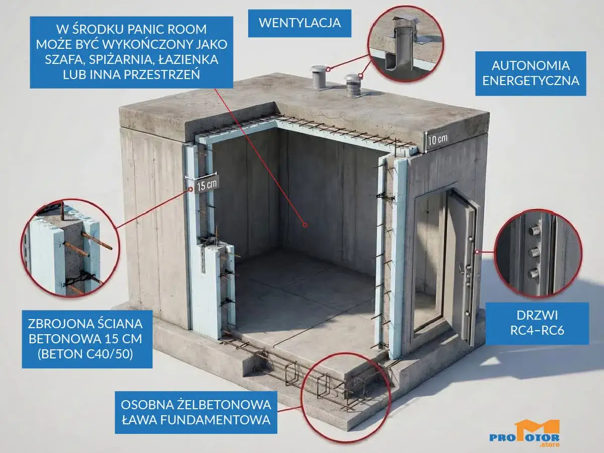 Schron przydomowy z żelbetonową ławą, zbrojonymi ścianami i drzwiami RC4-RC6. W środku może służyć jako panic room, spiżarnia lub inna przestrzeń.